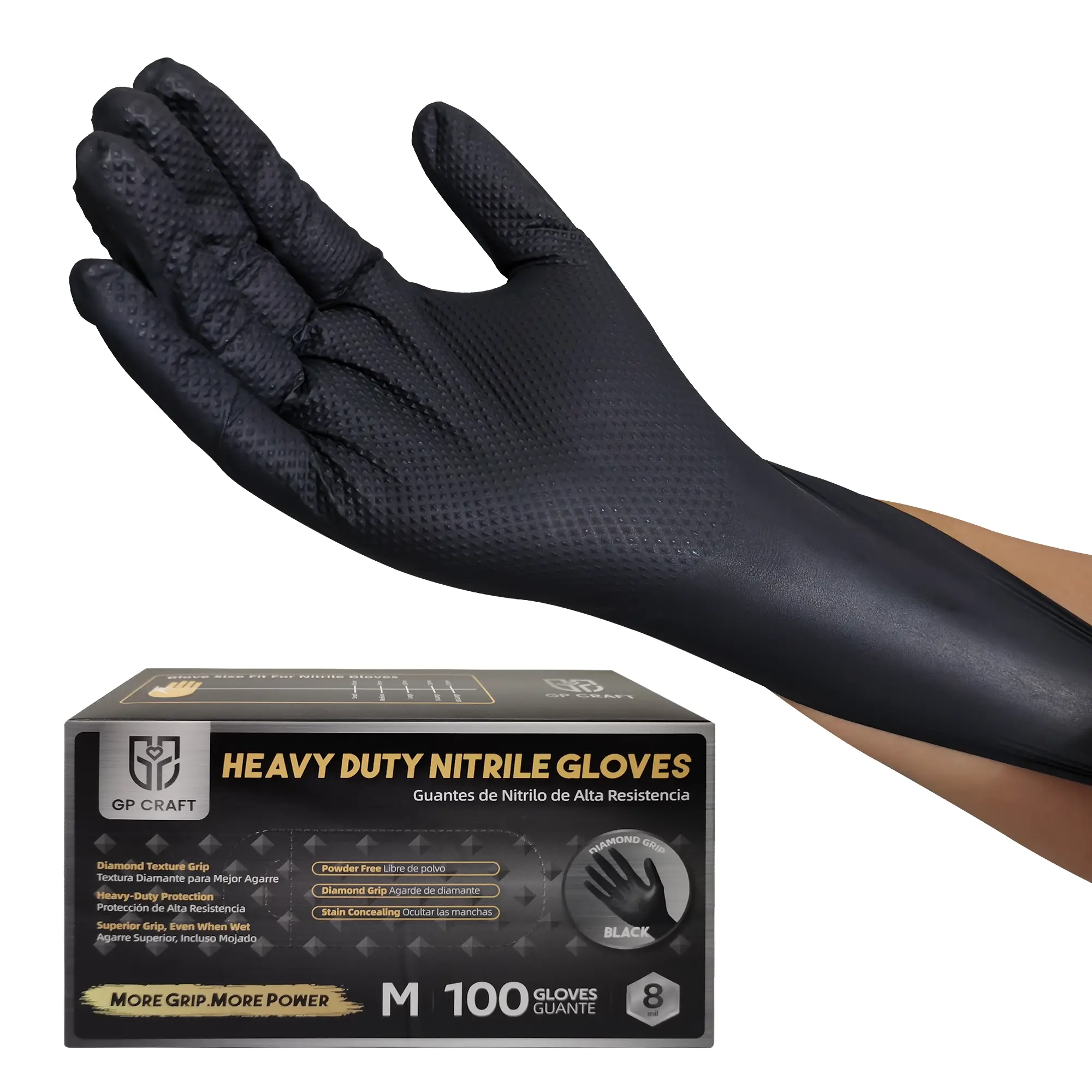 8 mil Heavy-Duty Black Nitrile Disposable Gloves - Diamond-Textured Grip, Latex & Powder-Free, Durable Protection, Oil Barrier, Industrial & Food Application Essentials, Pet Hair Remover for Home Cleaning