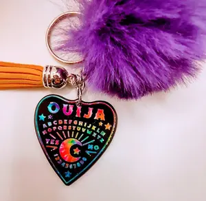 Black Tie Dye Ouija Keychain With Fur And Tassel charm