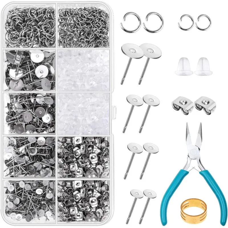 1800 pieces of stainless steel earring kit, including bottom earrings, back earrings, and jump ring, blue pointed pliers, ring buckle, suitable for making polymer clay resin pearl earrings and other DIY earrings
