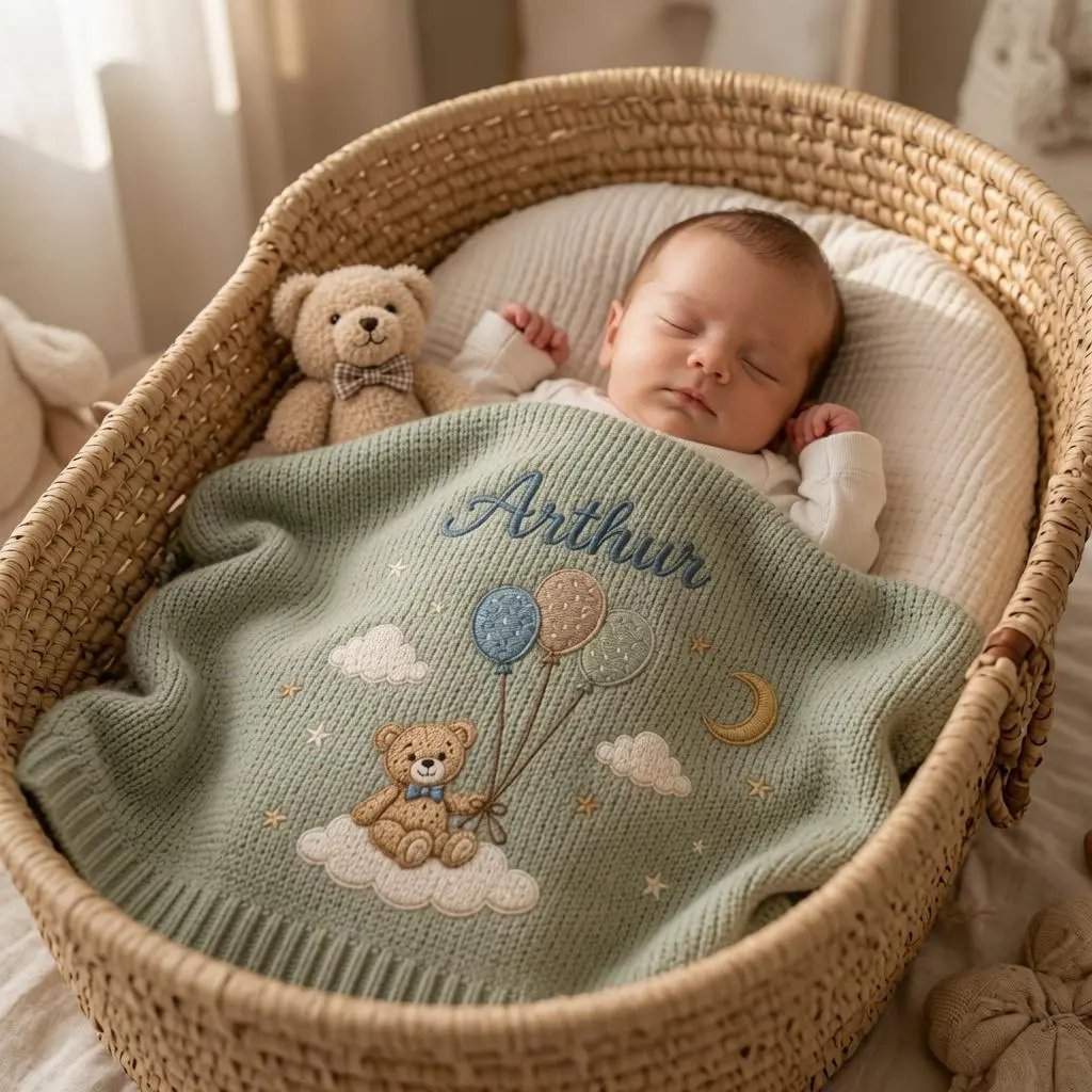 [Made-to-Order] Custom Bear Balloon Embroidered Knit Baby Blanket, Personalized Teddy Bear Name Blanket, Newborn Nursery Decor, Baby Shower Gift, Keepsake