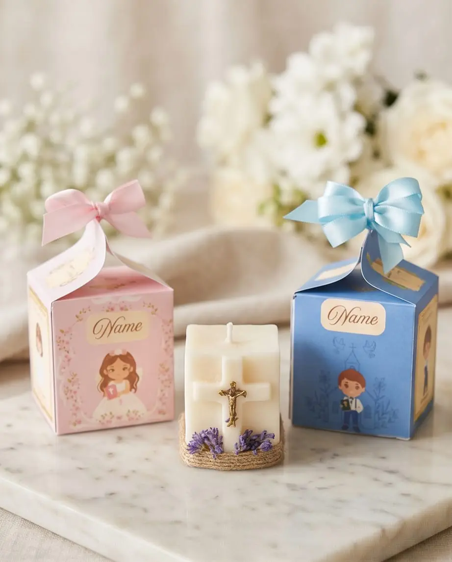 First Holy Communion Soy Candle Favors - 100% Organic Wax, Elegant Keepsakes in Soft Pink or Sky Blue Boxes, Customizable with Names & Dates, Perfect Gift for Ceremonies - Decor