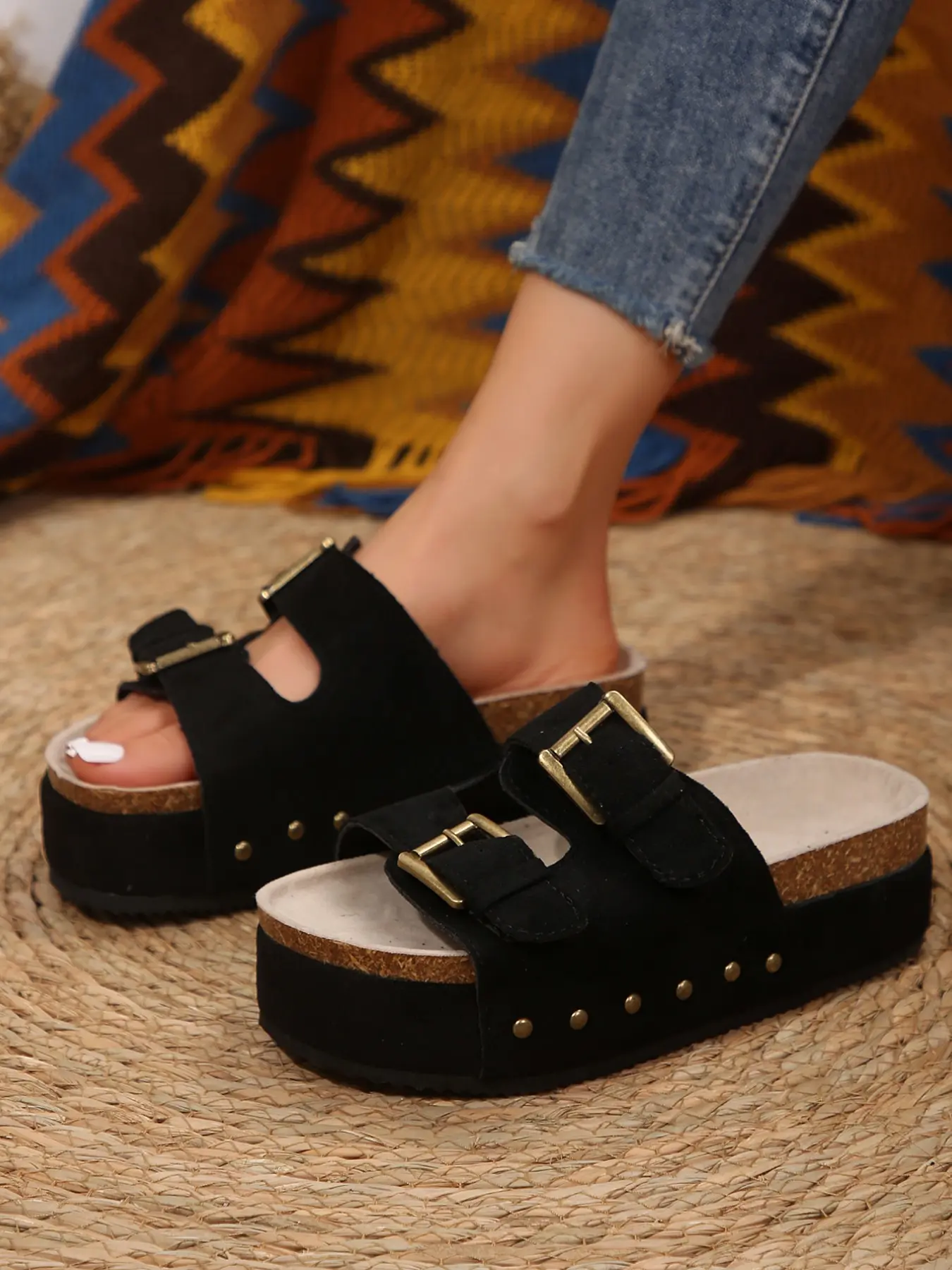 Women's Summer Fashion Casual Leopard Print Double Buckle Decorated Slides Sandals, Thick Sole Waterproof Platform Slippers, Stylish Flat Shoes for Women, Footwear, Black, Cozy Platform Sandals