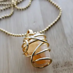 2.4mm Ball Chain Citrine Crystal Pendant Necklaces 24 Inches, Thick 14 Gauge Copper Wire Wrapped Jewelry, - Wealth - Prosperity - Good Fortune [Made-to-Order]