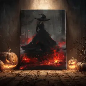 1 Count Wooden Framed Canvas, Elegant Black Robed Witch Poster, Halloween Decorative Poster, Funny Poster, Horror Poster Party Hanging Picture, Modern Art For Living Room, Bedroom, Family Decoration, Ideal Gift, Waterproof, Print, Wooden Wall Art