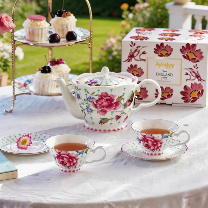 Aynsley Peony Windsor Classic British Traditional Romantic Fine Bone China Tea Set - Lead-Free Kitchenware, 250ml Teacup, 1100ml Teapot, Floral Print, Luxury Afternoon Tea Gift