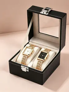 2 Elegant Luxury Gold Ladies' Watch Gift Set | Casual Rectangular Dial Simulation Watch with Stainless Steel Strap, Mother's Day Special Gift