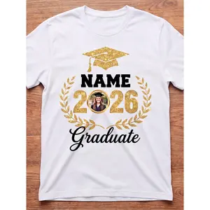 Custom Class of 2026 Graduation T-Shirt Personalized Photo And Name Print Short Sleeve Crew Neck Top Casual Unisex Summer Tee Black Graduate Souvenir Apparel for Students Party Ceremony Team Uniform G