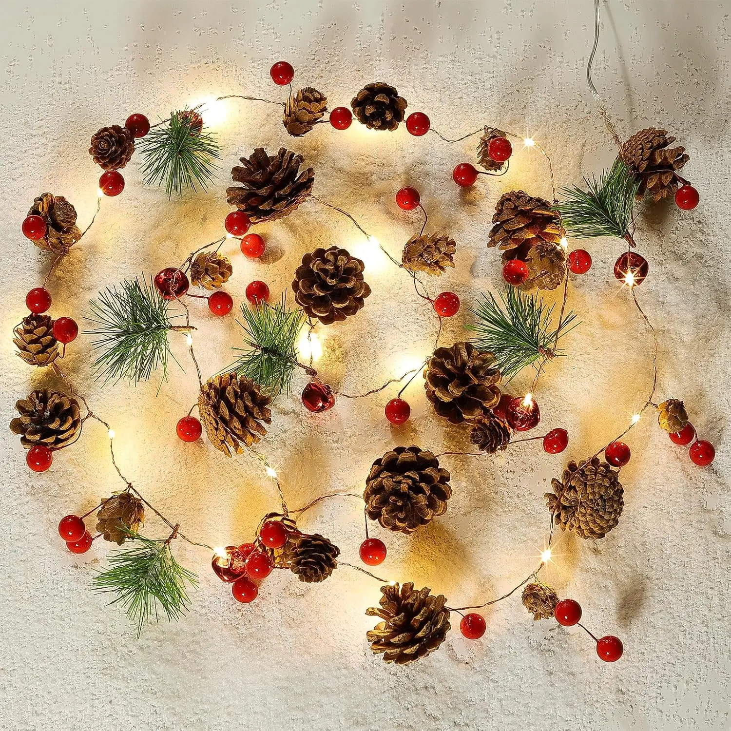 Christmas Garland with Lights, 6.6FT Pinecone String Lights for Xmas Decor | Pinecone Christmas lights with Red Berries, Bells & Needles， Battery Powered String Lights for Xmas Indoor and Outdoor Decor