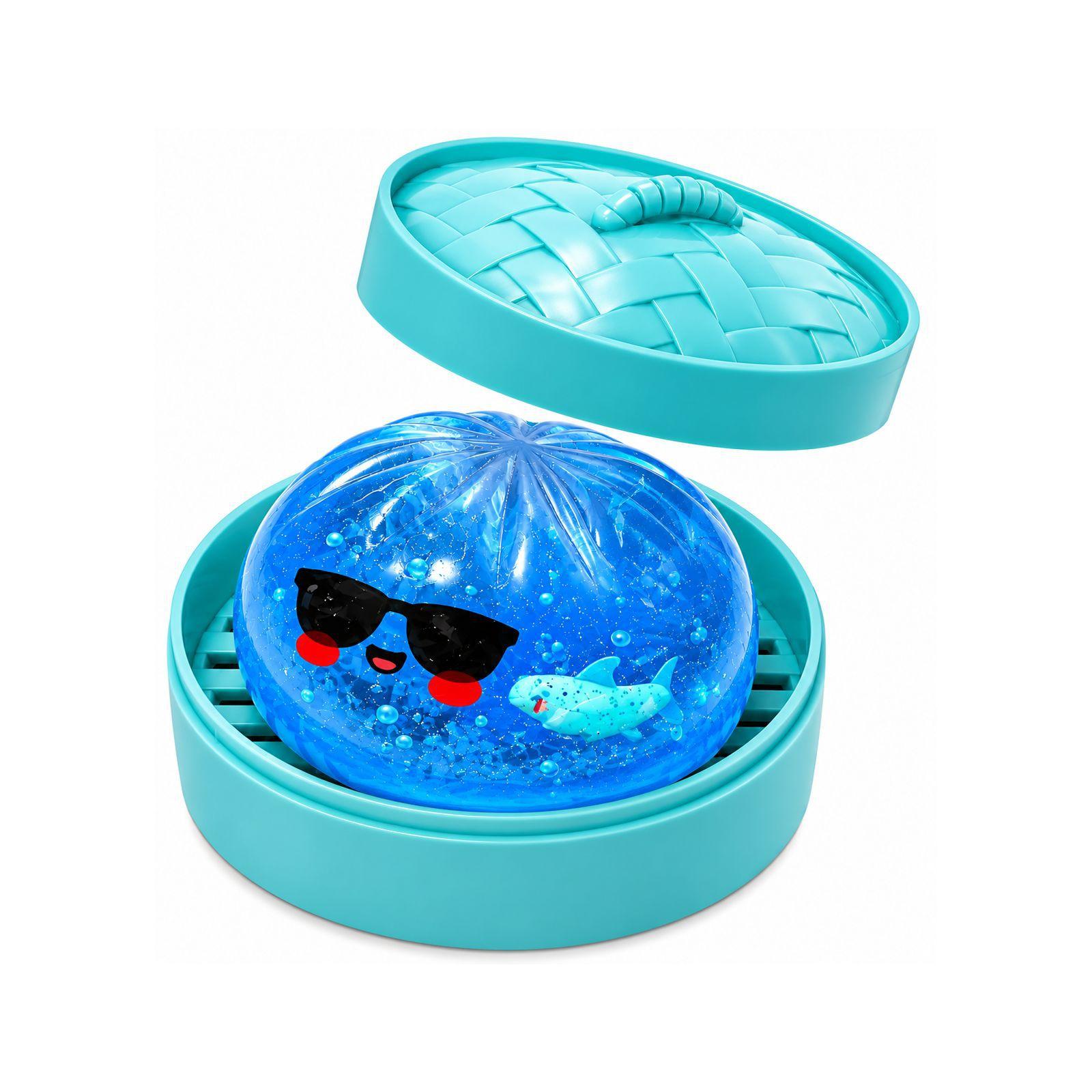 Kawaii Cool Sunglasses Transparent Glitter Steamed Bun Squishy Toy, Soft TPR Slow Rising Dumpling Stress Ball with Tiny Shark Decor & Mini Bamboo Steamer, Kids Birthday Party Supplies Classroom Reward Anxiety Fidget Toy for Boys Girls