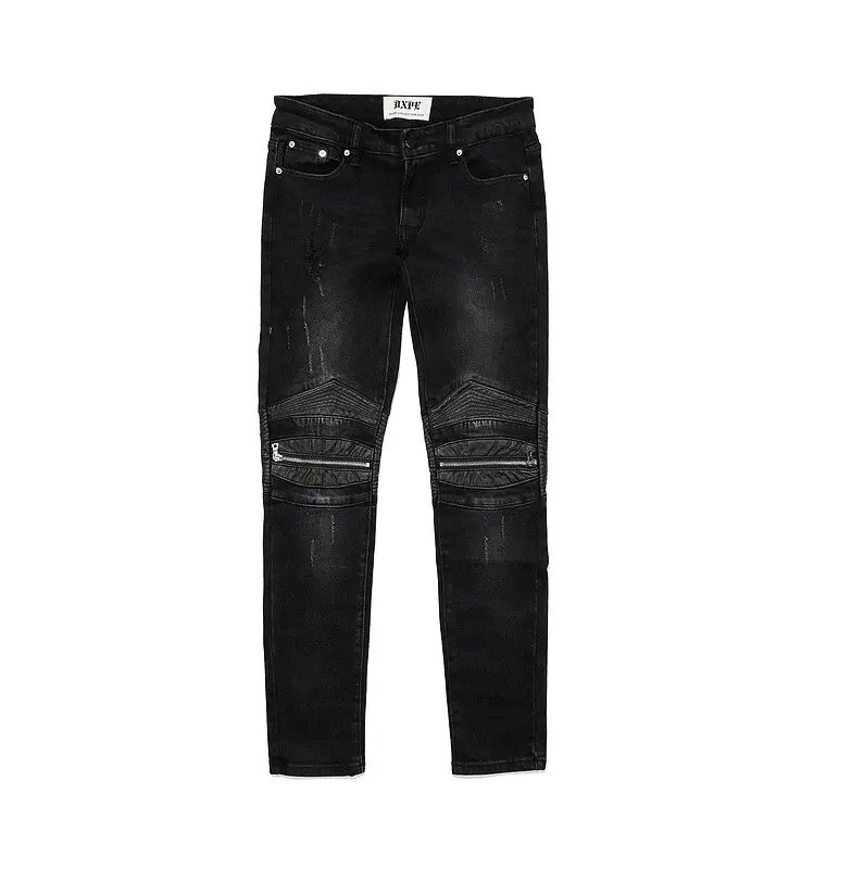 Men's Biker Stretch Ripped Jeans with Leather Patch Zipper - Slim Fit