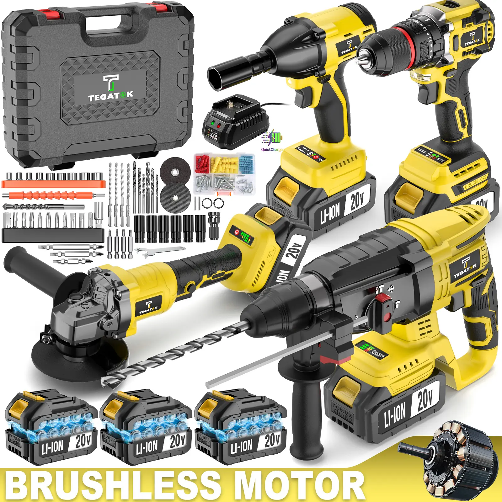 All-In-One 20V Brushless Power Tool Kit for Home - 4 Cordless Tools with 3 Batteries, Impact Wrench And Hammer Drill, Angle Grinder, Electric Drill, Combo for Renovation