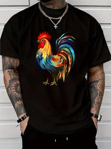 Men'S Casual Stylish Short-Sleeve T-Shirt Featuring a Rooster Print, Made of Polyester, Lightweight at 6.35 oz Per Square Meter, with a Regular Fit And Round Neck, Comfortable Stretchy Summer Fashion T-Shirt