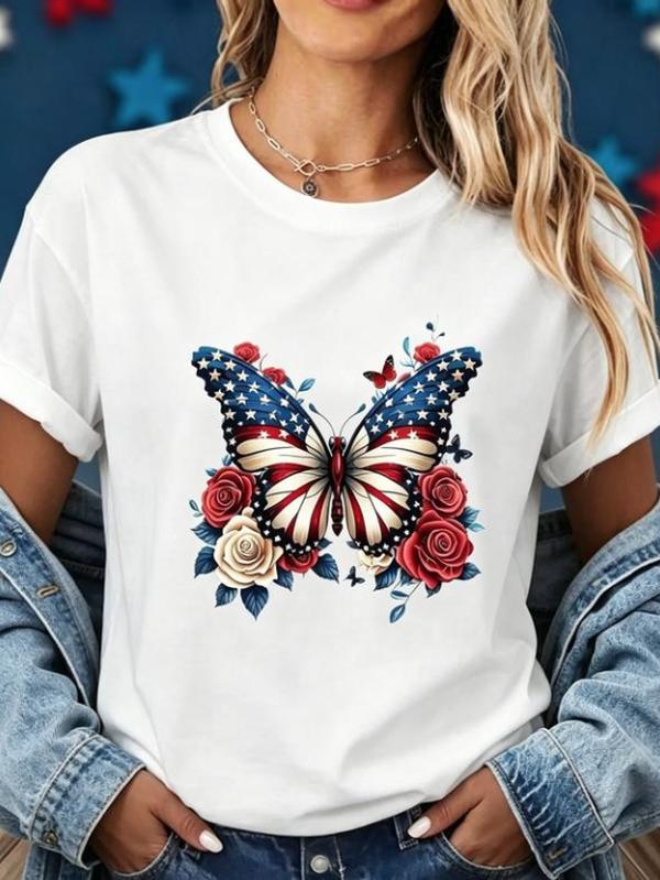 Women's High-Quality Lightweight Soft Cotton Short-Sleeve Cropped Tshirt - Heat Transfer Bohemian Butterfly Graphic, Fitted Round Neck, Vintage Patriotic USA 250th Birthday (7/4/2026) Casual All-Season Gift Top