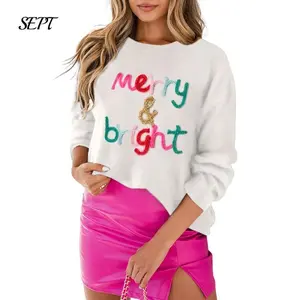 Women's Christmas Loose Sequins Sweatshirt Long Sleeve Round Neck Letter Embroidery Pullover