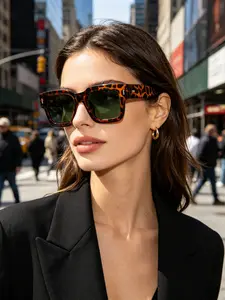 Retro European and American Leopard Print Square Sunglasses, Green Lens Trendy Shades, Fashionable Versatile Streetwear Eyewear for Travel, Vacation, Beach, Street Style, Dating, Shopping, Commuting, Daily Outfits, Valentine’s Day, Birthday and Christmas