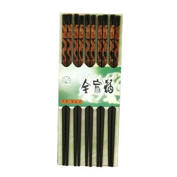 Thy Home 5-Pair (10 Pcs) Reusable Bamboo Handle Chopsticks, Asian Dragon Painting Kitchenware, Non-Plastic Wooden Cutlery Set for Friends, Parties, Chopsticks Reusable