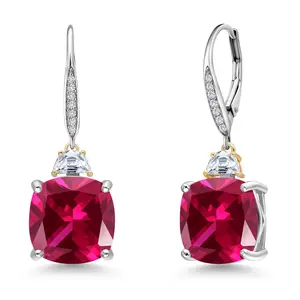 Gem Stone King Drop Dangle Earrings For Women with 12MM Cushion Gemstone Birthstone 5X3MM Half Moon White Moissanite and White Lab Grown Diamond In 925 Silver and 10K Yellow Gold