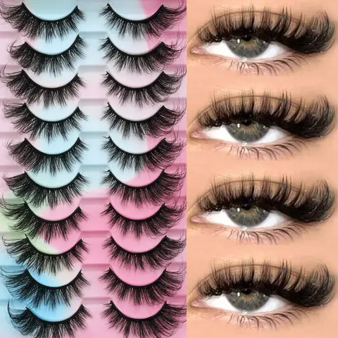 10 Pairs 3D Fluffy Wispy False Lashes, Cosmetic Lashes, Cat Eye Faux Mink Lashes, Durable Band, Reusable Strip Lashes for Daily & Party Makeup