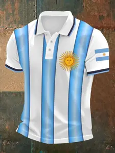 Teen Boys' Argentina Soccer Jersey, Blue Stripes, Fan Gift, Short Sleeve Polo Shirt, May Sun Print, Casual Wear, Lightweight Jersey, Football Jersey
