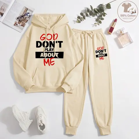 50% Cotton Women's GOD DON'T PLAY ABOUT ME Graphic Print Hoodie, Casual Sportswear Long-Sleeved Hooded Jacket, Suitable for Autumn and Winter Everyday Wear, Indoor and Outdoor Sportswear