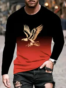 Men's Long Sleeve Gradient Pattern T-Shirt, Classic Streetwear Soft Casual Menswear Top with Letter Print, Washable All-Season Wear, Regular Fit Round Neck