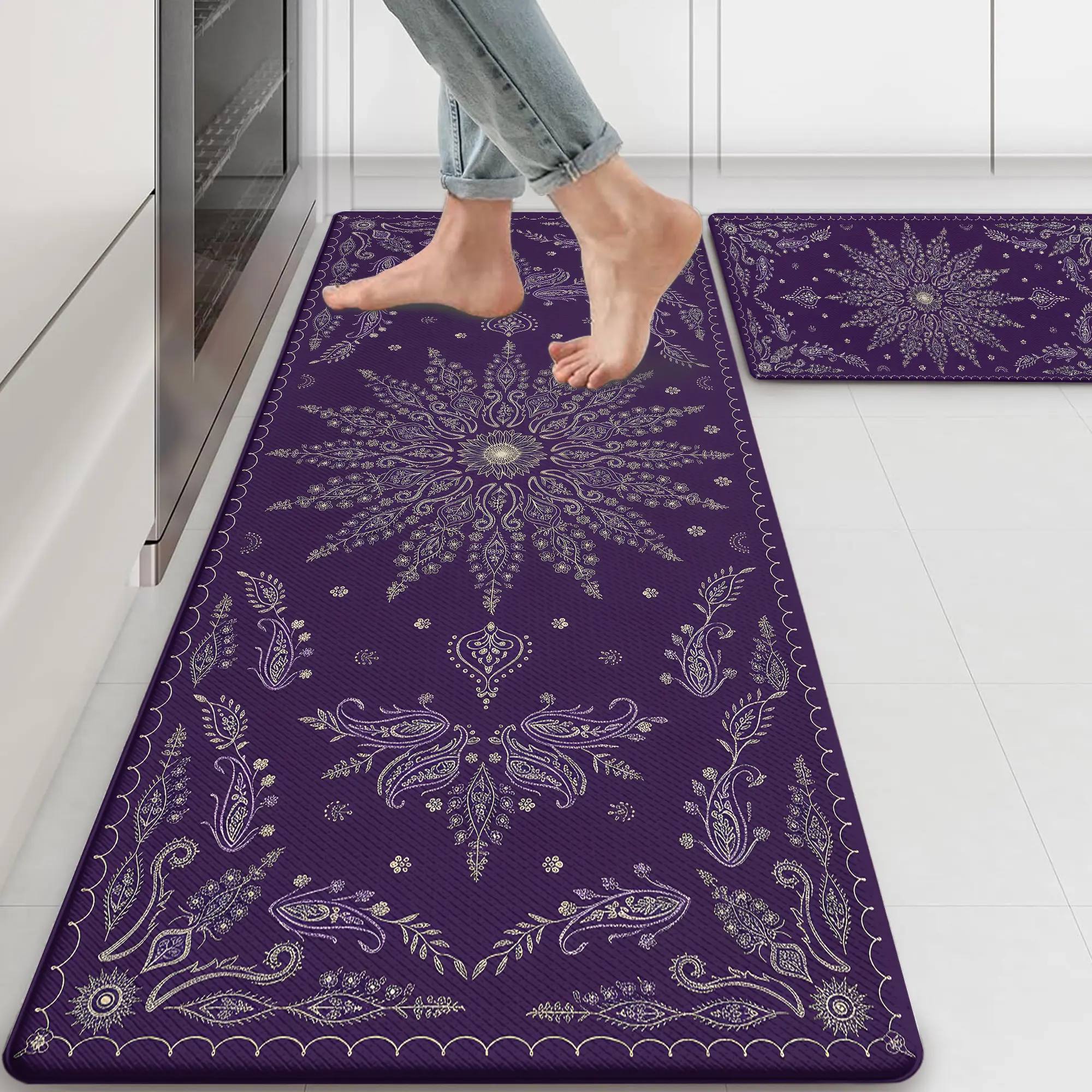 Mandala Flower Anti-Fatigue Kitchen Rug Mats Set of 2, 118"l x 44"w Indoor Non-Slip Waterproof Memory Foam, Fade Resistant Hand Wash Only Farmhouse Wildflower Rugs for Office Sink