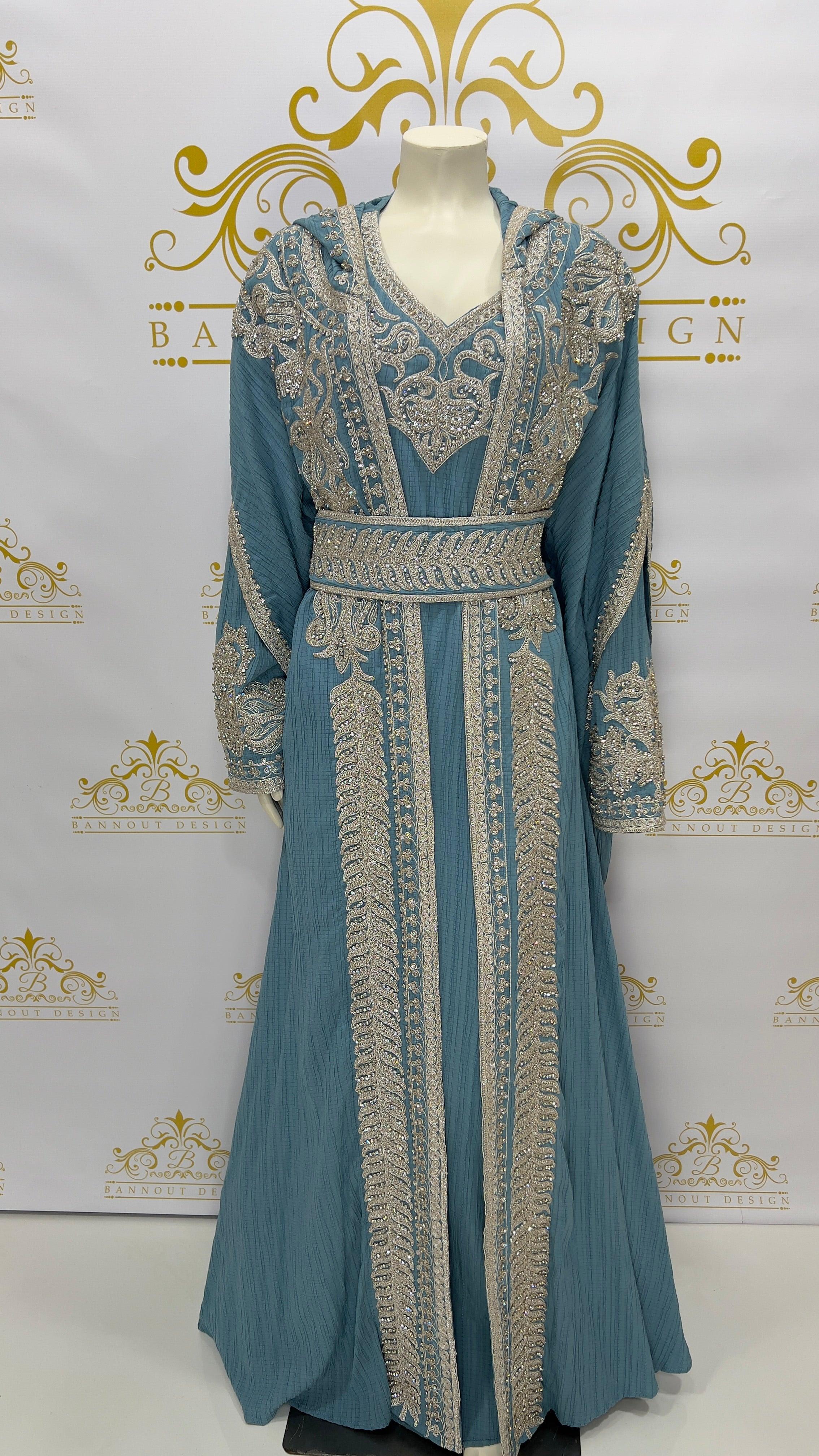 Caftan Hoody Butterfly Kaftan Dress Set 3 Pcs Long Dress Silver Beads & Embroidery Blue Caftan Hoody Butterfly Kaftan Dress Set 3 Pcs Long Dress Silver Beads & Embroidery Blue