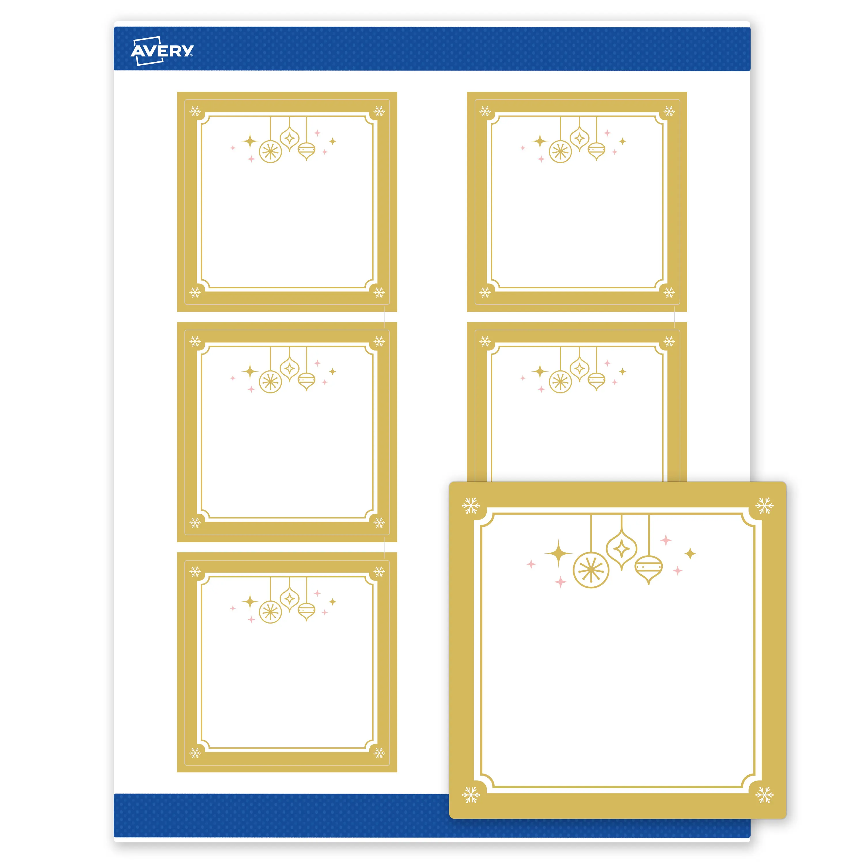 Avery® Printable Christmas Labels with Sure Feed® Technology, Square, 3" x 3", Pre-Printed Metallic Gold Hanging Ornaments Design, Matte White, Laser & Inkjet Compatible, 60 Total