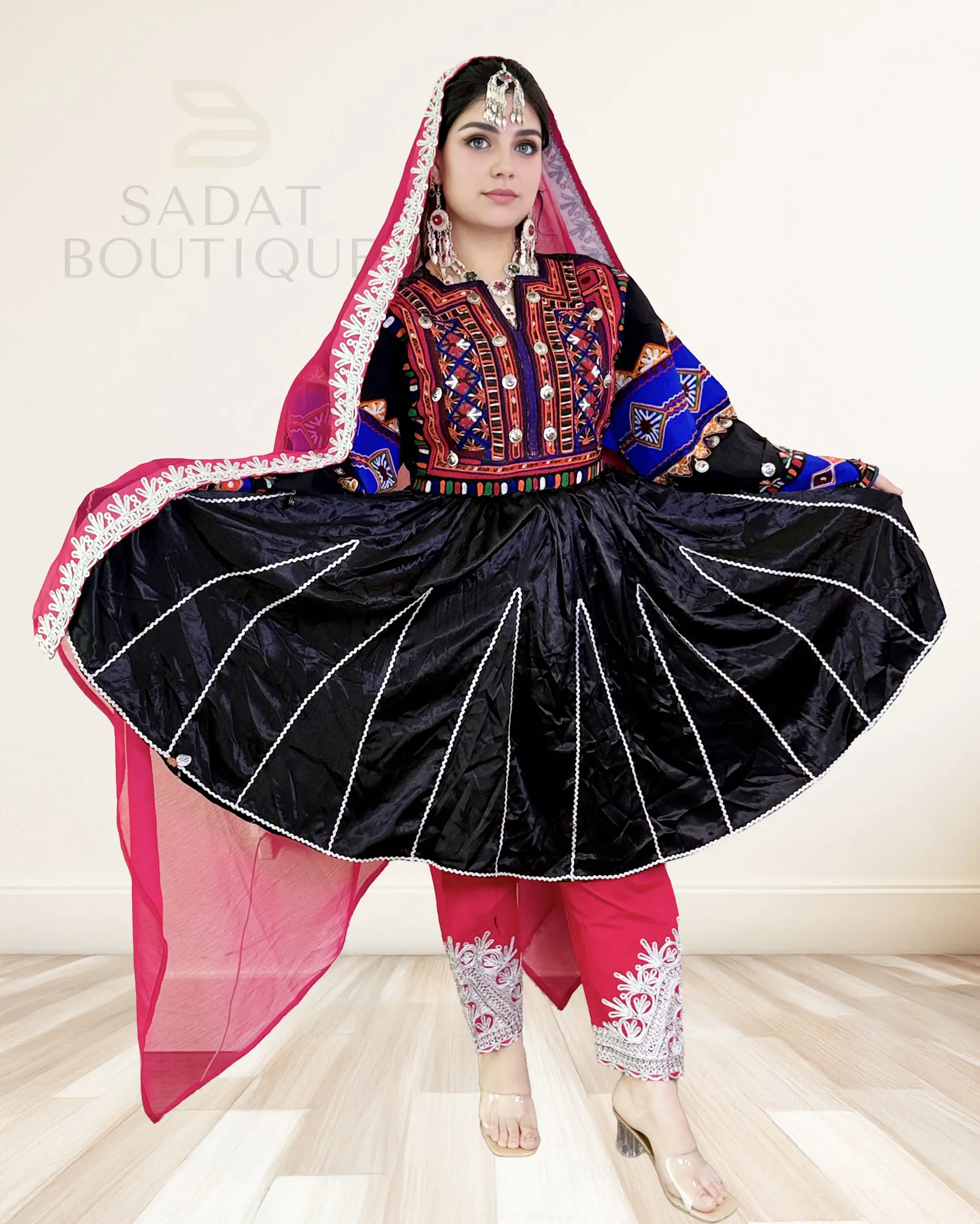 Title: Black Afghan Dress with Royal Embroidery & Pink Scarf Se