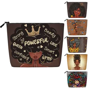 African American Women Makeup Bags for Purse Zipper Cosmetic Pouch Large Travel Black Art Canvas Make Up Organizer Tool Pouch for Women and Girls