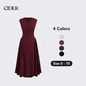 Cider [4 colors, size 0-10] V-neck Solid Pleated Sleeveless Maxi Dress