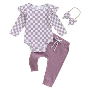 Newborn Baby Girl Fall Outfits Rib Frill Long Sleeve Ruffled Romper Solid Pants Headband Set 3Pcs Winter Clothes