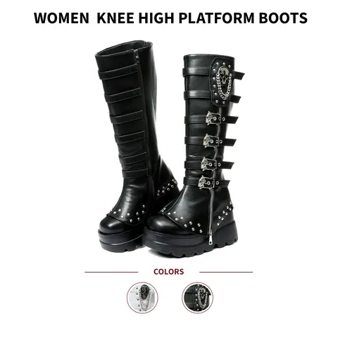 VIMISAOI Women's Knee-High Platform Boots - Round Toe, Chunky Wedge Comfortable Heels, Side Zipper, Skull Buckle, Chain Rivets, Slip-Resistant Grunge Aesthetic Statement Footwear for Photoshoots, Concerts