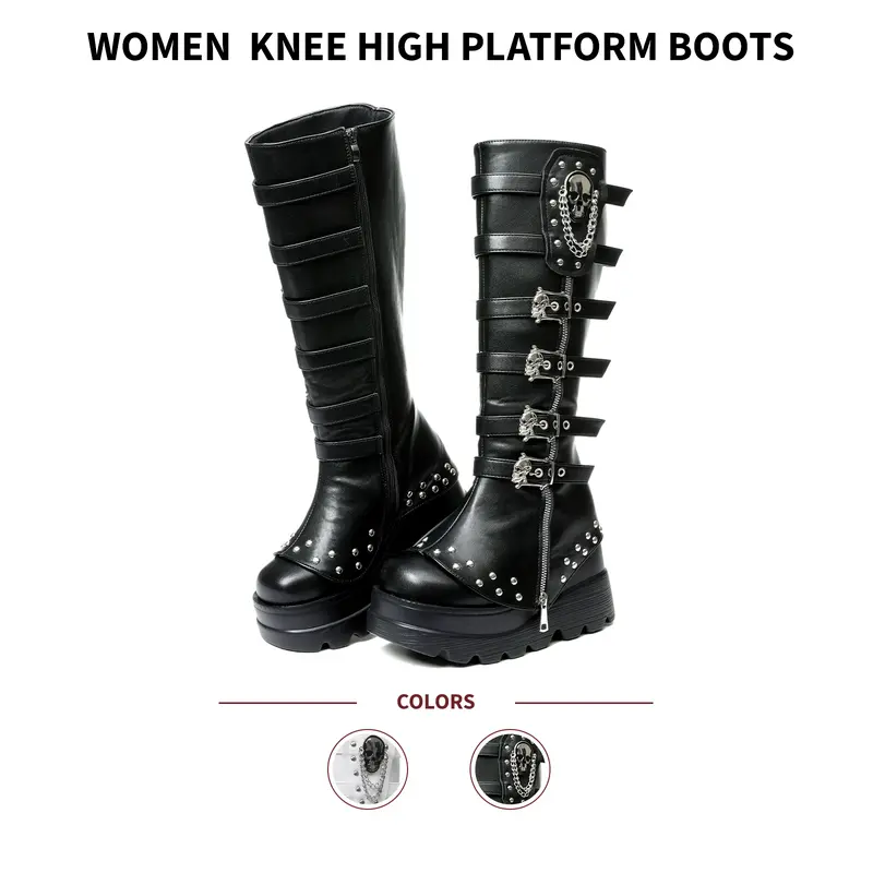 VIMISAOI Women's Knee-High Platform Boots - Round Toe, Chunky Wedge Comfortable Heels, Side Zipper, Skull Buckle, Chain Rivets, Slip-Resistant Grunge Aesthetic Statement Footwear for Photoshoots, Concerts