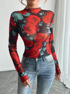 Rose Print Floral Sheer Long Sleeve Blouse Top, High Neck Micro-Transparent Design, Valentine's Day Street Style Everyday Fashion Item, Lady