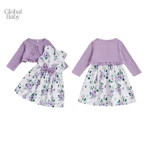 Global Baby Girl Dress Set Floral Print Round Neck Bow A-Line Tank Dress Ruffled Ribbed Cardigan Fashion Printed Dress+Solid Color Small Cardigan Suit