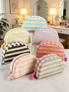 Striped Seashell Cosmetic Bag, Cosmetic Bag with Zipper and Pom-Poms, Portable Organizer, Toiletry Bag, Travel Cosmetic Bag, Multi-functional, Colorful, Back-to-School, Everyday Use, Perfect for Girlfriends, New Year's Gifts