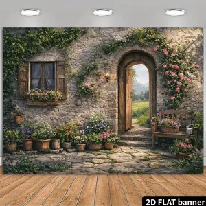 Summervibes 2D Plain Rustic Stone House Garden Backdrop with Arched Doorway & Stone Steps - Suitable for Decor, Cafe, Studio, Photography Background, Spring Summer Fall Events, Tones Arched Door Garden Wall