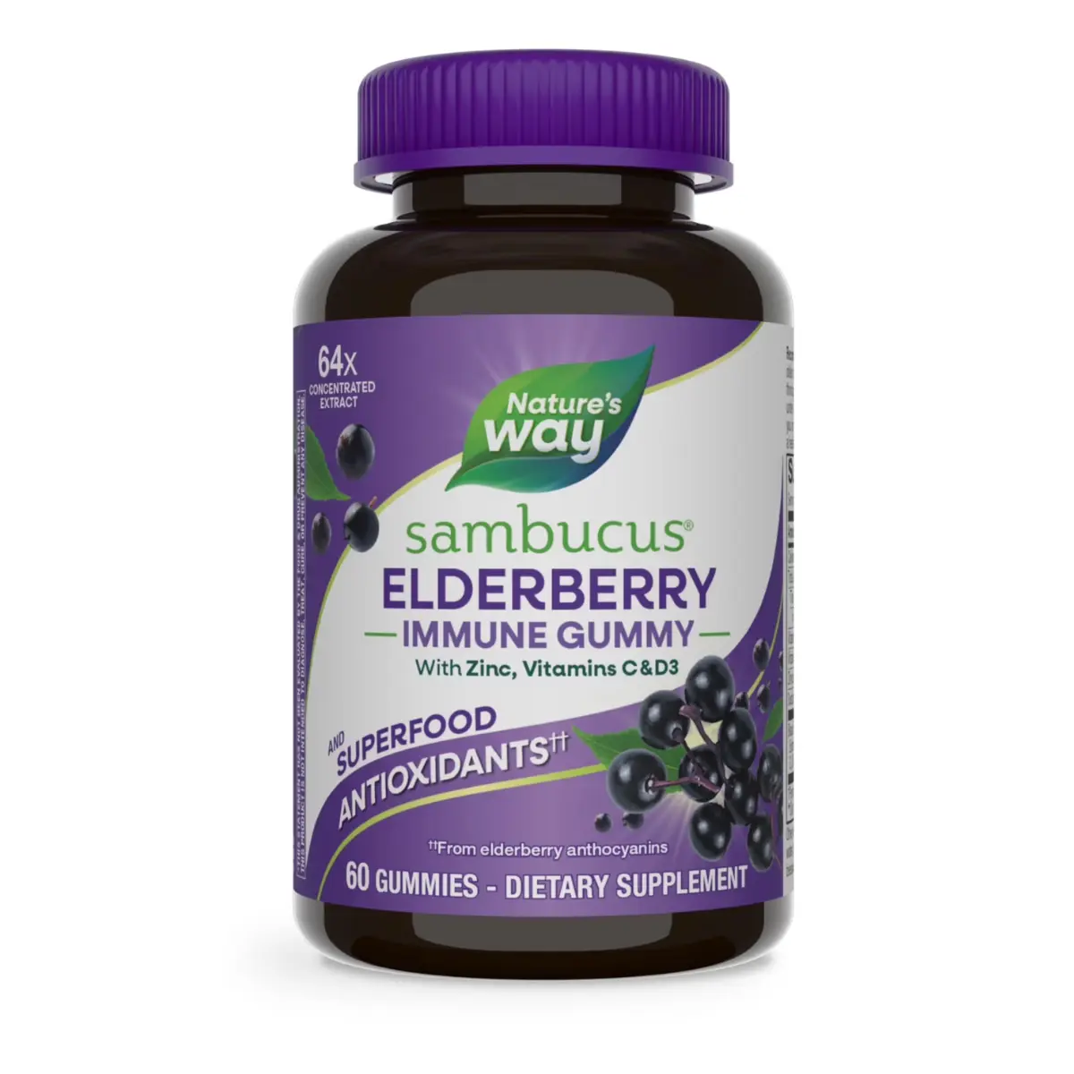 Nature's Way Sambucus Elderberry Gummies, Immune Support Gummy for Adults & Kids Ages 4+ with Black Elderberry Extract, Vitamin C, Vitamin D3, and Zinc*, 60 Gummies