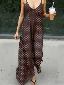 Vacation Holiday Vibe! Deep V Polka Dot Slip Maxi Dress,  Sexy Slim Fit Dress For Vacation Resorts,Party,Slim Fit,New Arrival,Relaxed Fit Outfit,Vacation Style Maxi Dress,V-Neck Waist Cinch Maxi Dress V,Flattering,Pear Shape,Apple Shape Friendly,Body Incl