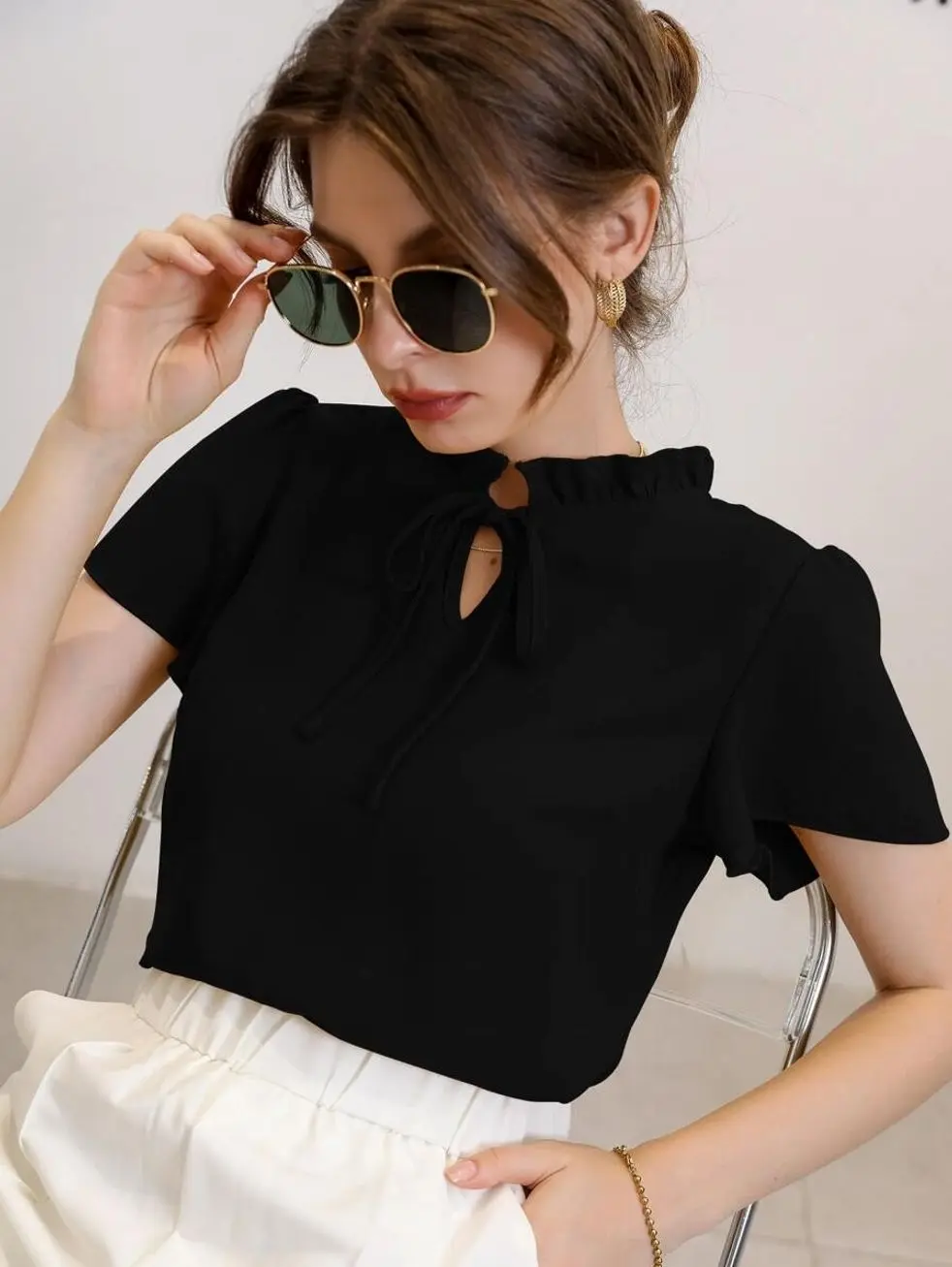 Frill Trim Tie Neck Blouse, Elegant Short Sleeve Casual Office Top