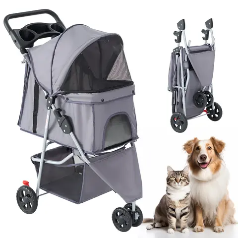 Sweetcrispy 3-Wheel Portable Foldable Compact Dog Stroller for Small-Medium Dogs & Puppies, Breathable Mesh Window, Push Handle, Large Storage Basket, Cup Holder, Rear Brakes, Added Security, Easy Storage for Outings, Blue Pet Transportation Carrier