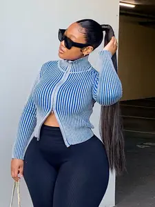 Women's Casual Everyday Fall Winter Blue Striped Zipper High Neck Fitted Soft Knit Jacket, Long Sleeve Pullover Coat, Fashionable Ladies Outerwear