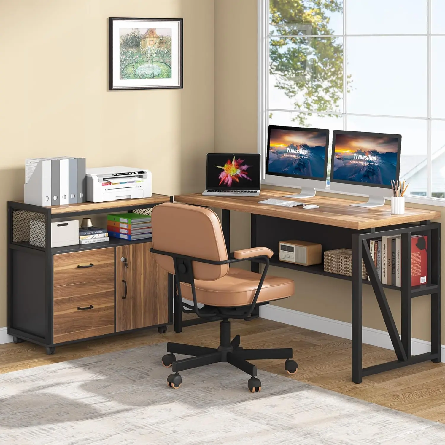 LITTLE TREE 55" Executive Desk with Reversible File Cabinet, Large L-Shaped Office Desk with Drawers, Business Furniture Workstation for Home Office