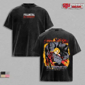 Fullmetal Alchemist Vintage Washed Oversized T-Shirt, Alchemy Symbol Anime Graphic Tee, Unisex Streetwear Soft Cotton Top Outfit for Men, Casual Menswear Gift for Manga Fans