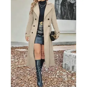 Women's Fitted Solid Color Lapel Long Sleeve Casual Fashion Woolen Coat, Fall Winter Long Line Double Buttoned Overcoat, Ladies Outerwear