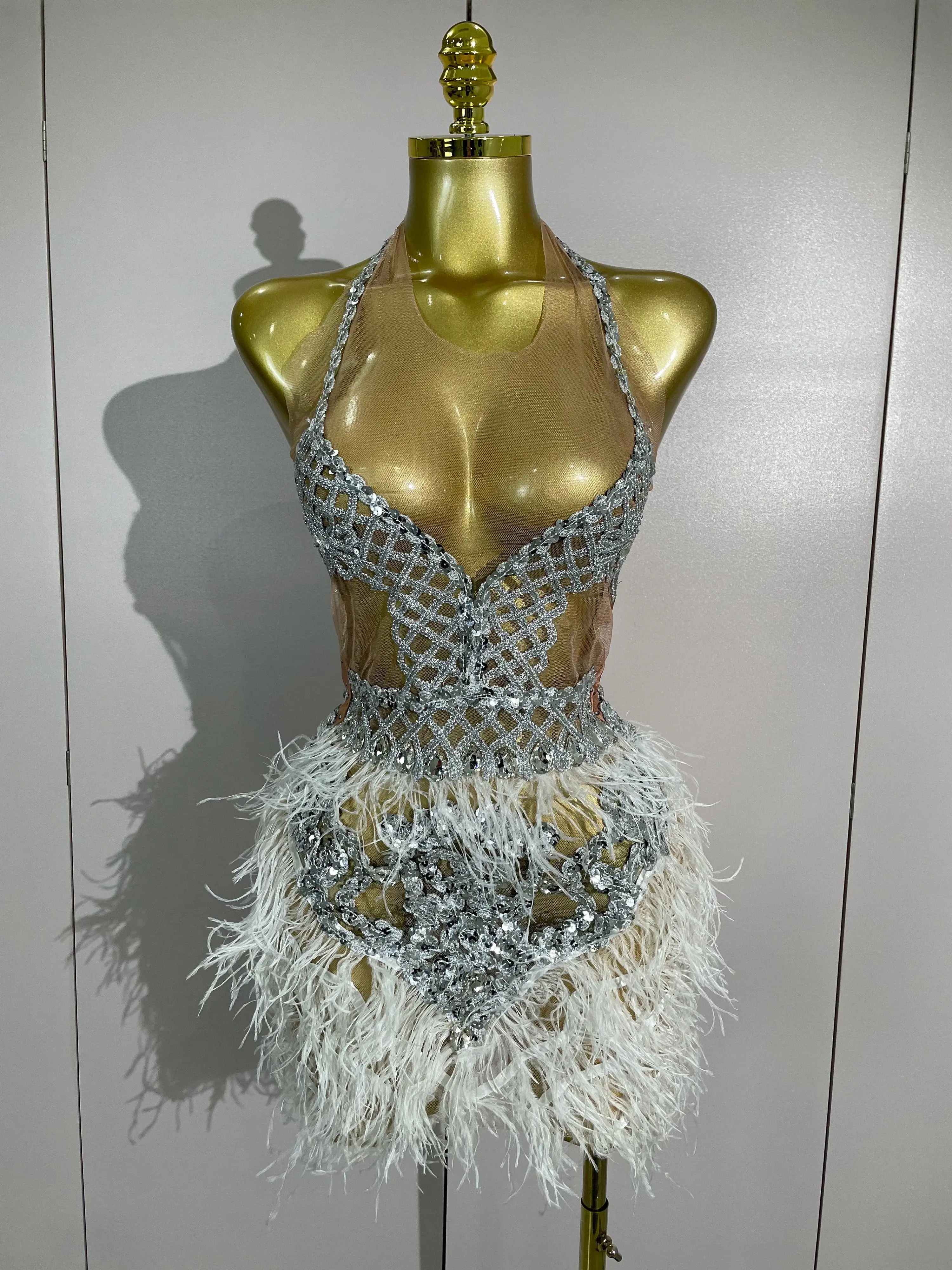 Women's Lasha Luxury Sheer Soft Sparkly Rhinestone Feather Mesh Patchwork Bodycon Mini Dress - 1-Piece Sleeveless Sculpted Fabric, Elegant Dresses, Couture Fashion, Bridal Shower, Going Out Party Fit, Glamorous, Mesh Blend
