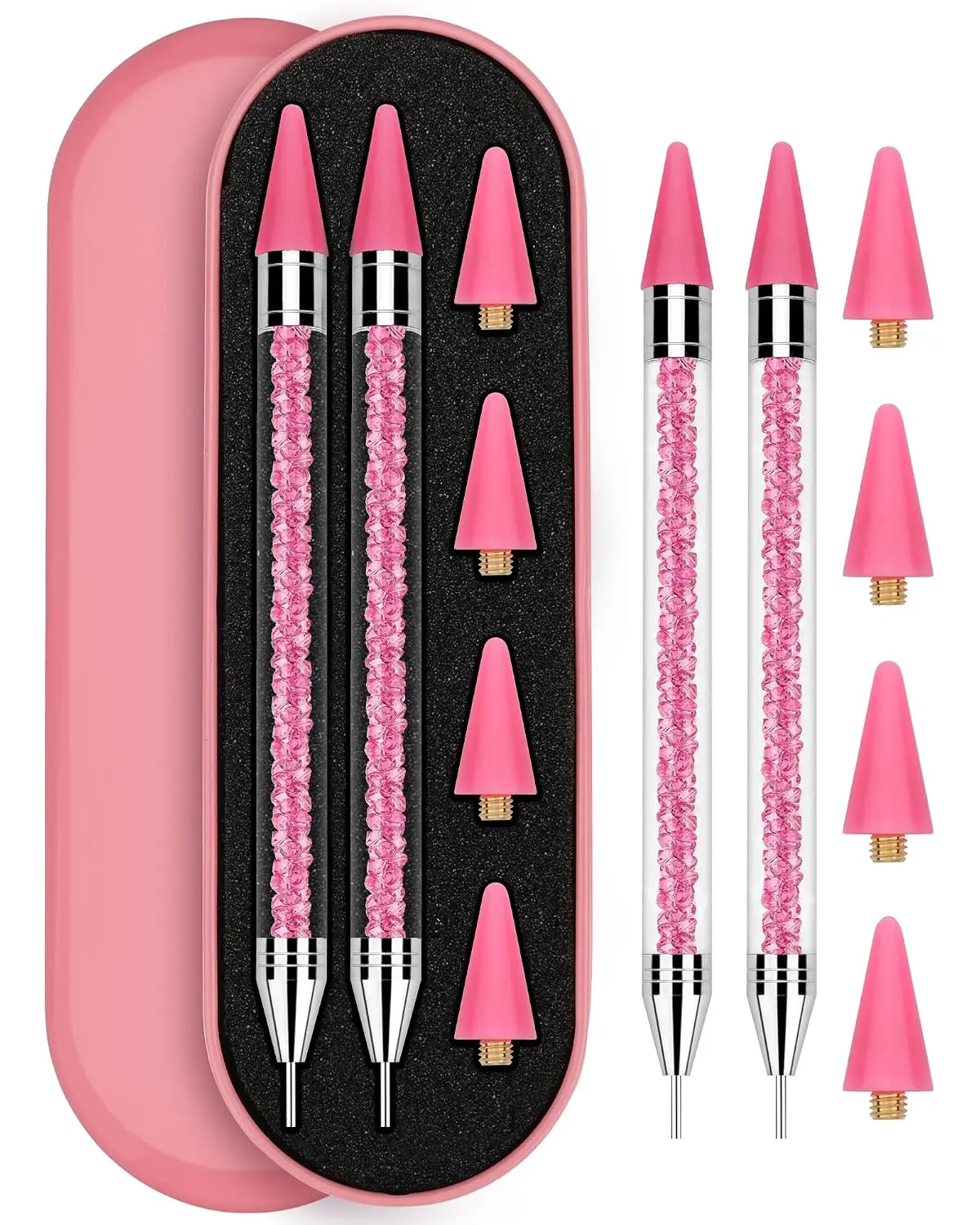 Rhinestone Picker Tool, 2PCS Rhinestone Applicator Tool Dotting Wax Pen Dual-Ended with 4PCS Replaceable Wax Tips for DIY Nail Art Tool (Pink)