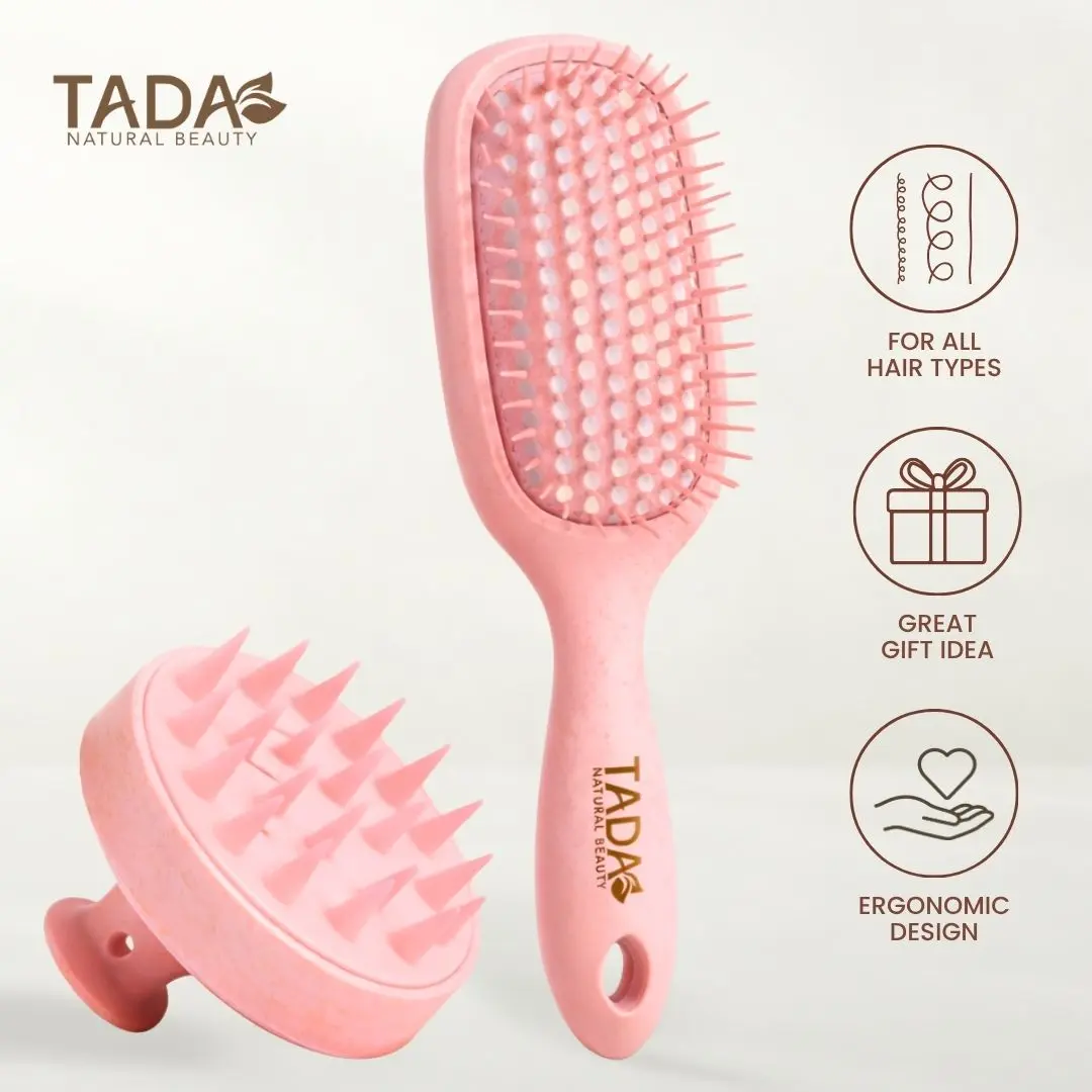 [TADA Natural Beauty] 2pcs Pink Shampoo Brush and  Set - Multi-Purpose Scalp Massager for Hair Growth and /Comb - Biodegradable Hair Care Essentials with Massaging Tips for Curly Straight Hair Greenish Spring for Mother Self Care Kit girls hairbrush