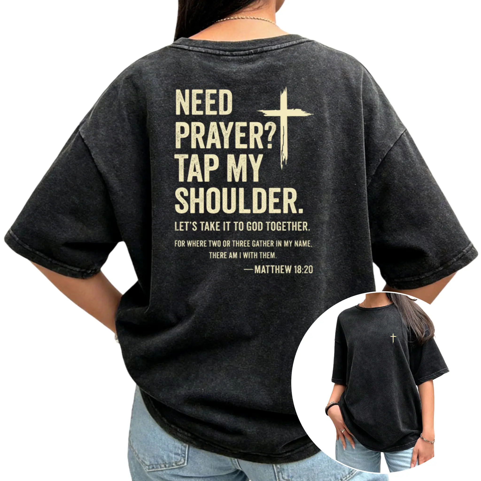 Women's Cotton Crew Neck Casual Sports Top - Washed Streetwear T-Shirt, Tap My Shoulder Prayer Design, Bible Verse Spiritual Round Neck Fabric Top